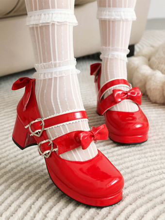 レッド スイートロリータフットウェア ブラックリボン PUレザー チャンキーヒール ロリータパンプス