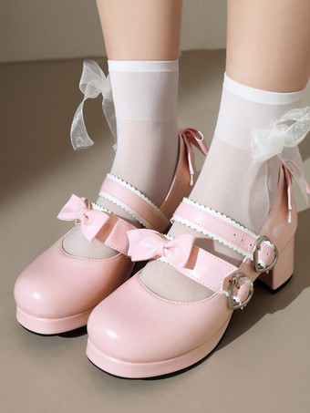 ピンクスイートロリータフットウェア ブラックリボン PUレザー チャンキーヒール ロリータパンプス