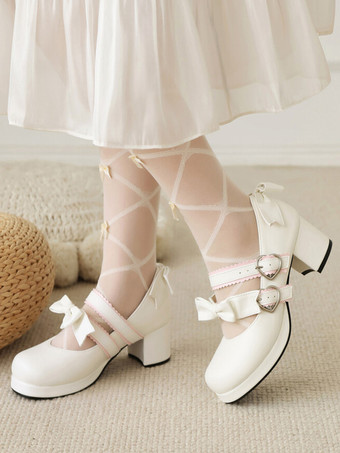 ホワイト スイートロリータフットウェア ブラックリボン PUレザー チャンキーヒール ロリータパンプス