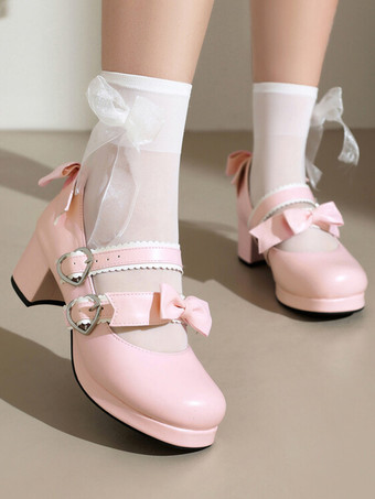 スイートロリータフットウェア ブラックリボン PUレザー チャンキーヒール ロリータパンプス