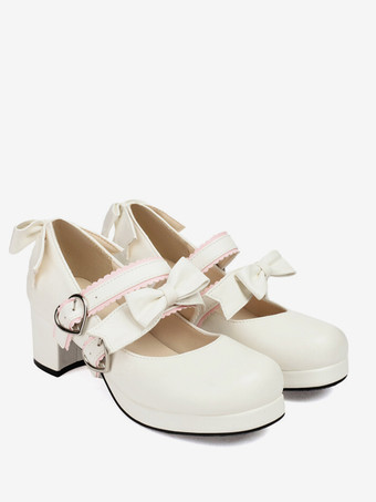 スイートロリータフットウェア ブラックリボン PUレザー チャンキーヒール ロリータパンプス
