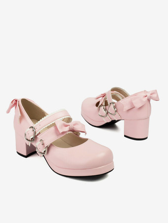 スイートロリータフットウェア ブラックリボン PUレザー チャンキーヒール ロリータパンプス