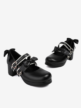 スイートロリータフットウェア ブラックリボン PUレザー チャンキーヒール ロリータパンプス