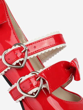 スイートロリータフットウェア ブラックリボン PUレザー チャンキーヒール ロリータパンプス