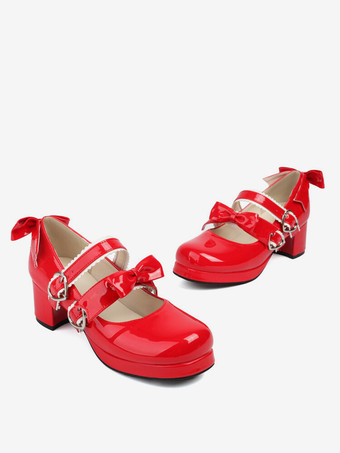 スイートロリータフットウェア ブラックリボン PUレザー チャンキーヒール ロリータパンプス