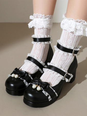 ブラック スイートロリータフットウェア ピンクリボン ラウンドトゥ PUレザー ロリータパンプス