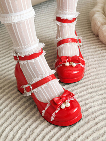 レッド スイートロリータフットウェア ピンクリボン ラウンドトゥ PUレザー ロリータパンプス