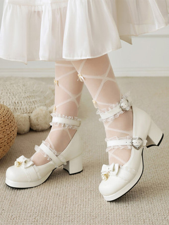 ホワイト スイートロリータフットウェア ピンクリボン ラウンドトゥ PUレザー ロリータパンプス