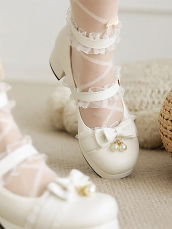 スイートロリータフットウェア ピンクリボン ラウンドトゥ PUレザー ロリータパンプス