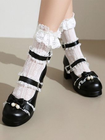 スイートロリータフットウェア ピンクリボン ラウンドトゥ PUレザー ロリータパンプス