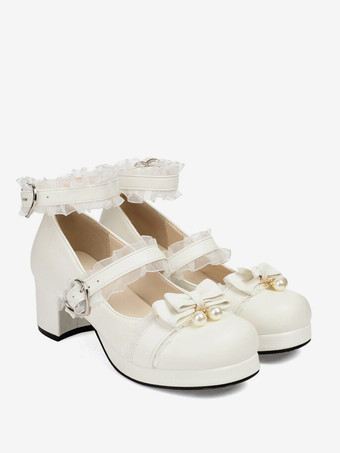 スイートロリータフットウェア ピンクリボン ラウンドトゥ PUレザー ロリータパンプス