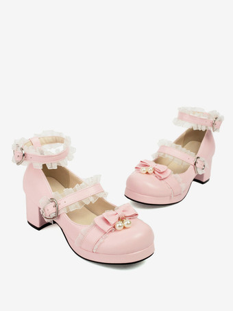 スイートロリータフットウェア ピンクリボン ラウンドトゥ PUレザー ロリータパンプス