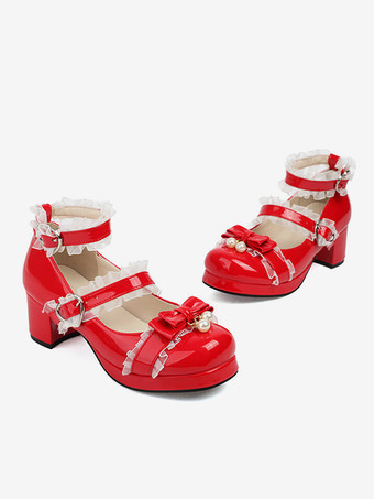 スイートロリータフットウェア ピンクリボン ラウンドトゥ PUレザー ロリータパンプス