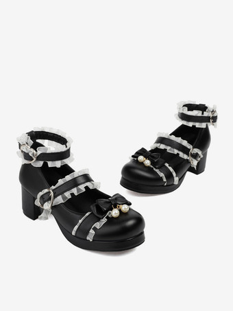 スイートロリータフットウェア ピンクリボン ラウンドトゥ PUレザー ロリータパンプス