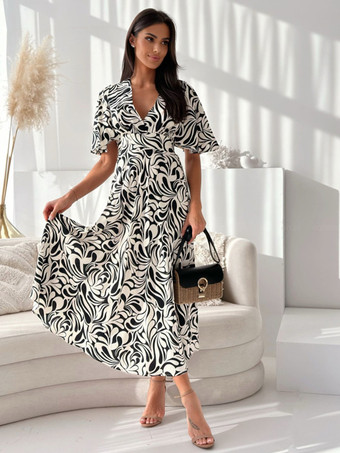 夏用カジュアルドレス プリント半袖 Vネック Aライン ミディドレス