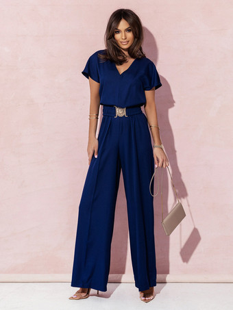 ダークネイビーオフィスカジュアルジャンプスーツ メタルディテール 半袖 Vネック 夏用 ワンピーススーツ