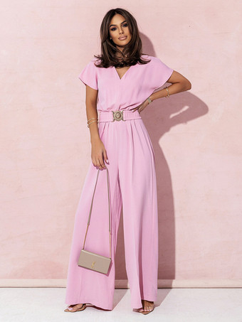 ピンクオフィスカジュアルジャンプスーツ メタルディテール 半袖 Vネック 夏用 ワンピーススーツ