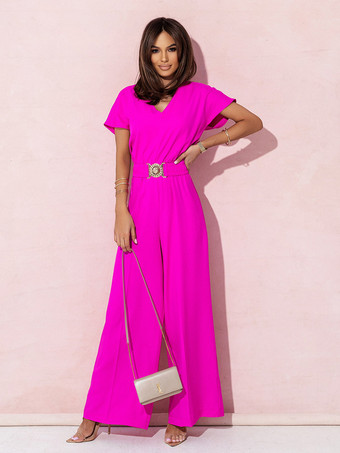 ローズレッドオフィスカジュアルジャンプスーツ メタルディテール 半袖 Vネック 夏用 ワンピーススーツ