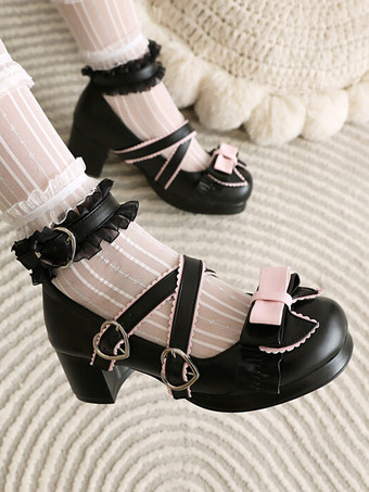 ブラック スイートロリータフットウェア ライトスカイブルーリボン ラウンドトゥ PUレザーロリータパンプス