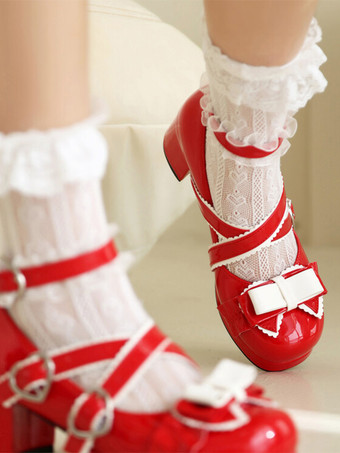 レッド スイートロリータフットウェア ライトスカイブルーリボン ラウンドトゥ PUレザーロリータパンプス