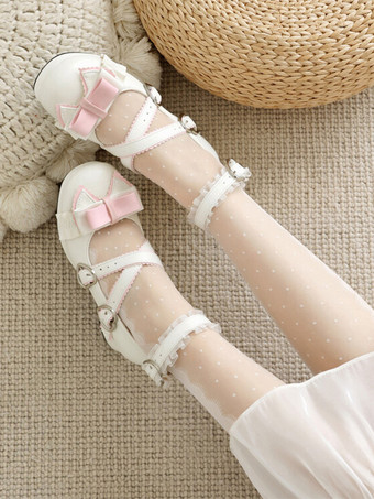 ホワイト スイートロリータフットウェア ライトスカイブルーリボン ラウンドトゥ PUレザーロリータパンプス