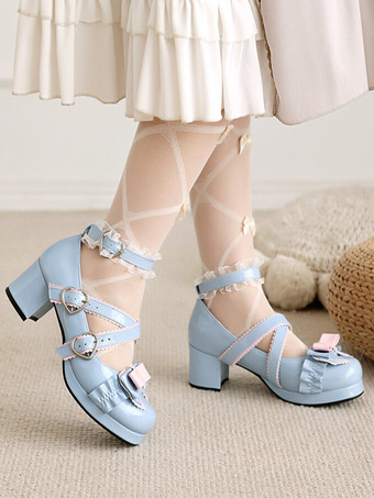 ライトスカイブルースイートロリータフットウェア ライトスカイブルーリボン ラウンドトゥ PUレザーロリータパンプス