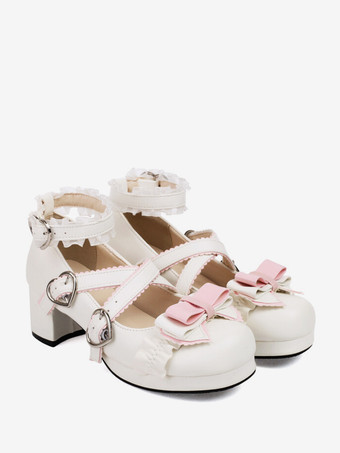 スイートロリータフットウェア ライトスカイブルーリボン ラウンドトゥ PUレザーロリータパンプス