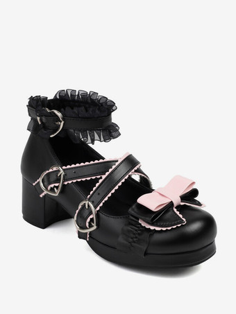 スイートロリータフットウェア ライトスカイブルーリボン ラウンドトゥ PUレザーロリータパンプス