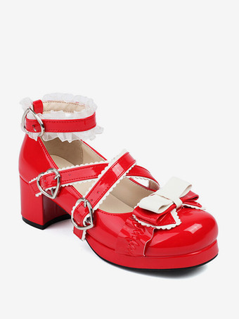 スイートロリータフットウェア ライトスカイブルーリボン ラウンドトゥ PUレザーロリータパンプス