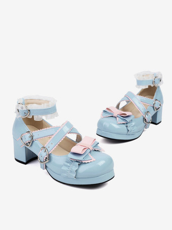 スイートロリータフットウェア ライトスカイブルーリボン ラウンドトゥ PUレザーロリータパンプス