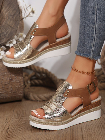 レディース PUレザー ウェッジサンダル