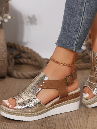 ゴールド レディース PUレザー ウェッジサンダル