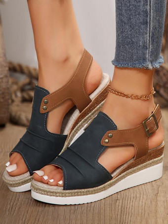 ブルー レディース PUレザー ウェッジサンダル