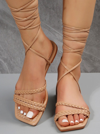 アプリコットレディース フラットサンダル シックなレースアップ オープントゥ PUレザーサンダル