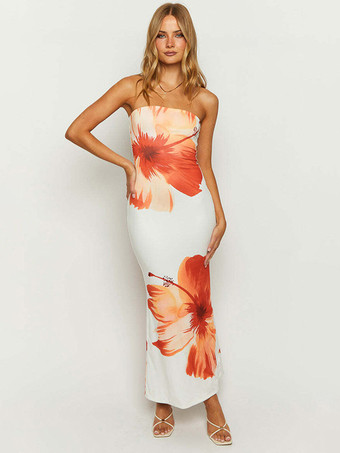 サマードレス プリント ストラップレス バックレス ロングビーチドレス