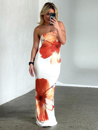 サマードレス プリント ストラップレス バックレス ロングビーチドレス
