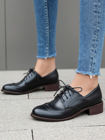 レディース ラウンドトゥ パピーヒール PUレザー オックスフォード