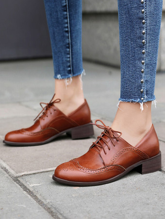 レディース ラウンドトゥ パピーヒール PUレザー オックスフォード