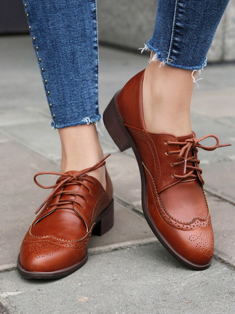 レディース ラウンドトゥ パピーヒール PUレザー オックスフォード