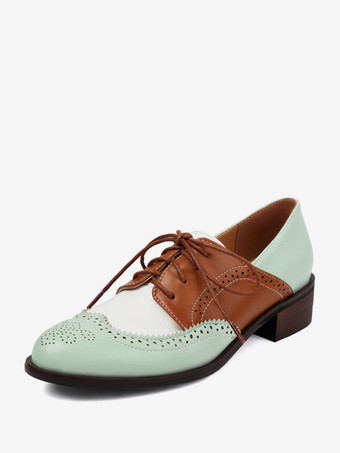 グリーン レディース ラウンドトゥ パピーヒール PUレザー オックスフォード