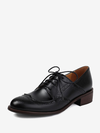 ブラック レディース ラウンドトゥ パピーヒール PUレザー オックスフォード