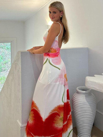 夏用カジュアルドレス 花柄ストラップネック バックレス ロングビーチドレス