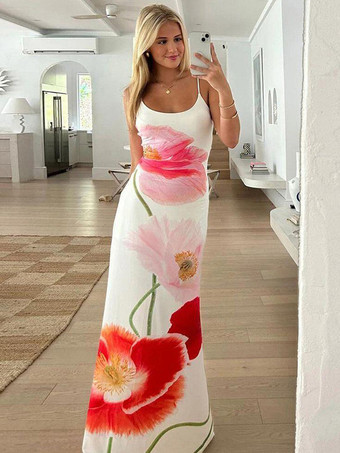 夏用カジュアルドレス 花柄ストラップネック バックレス ロングビーチドレス