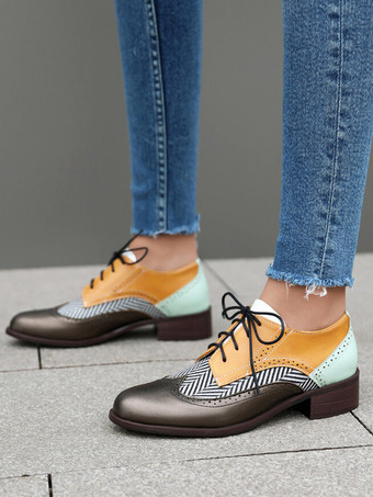 レディース ラウンドトゥ パピーヒール PUレザー オックスフォード