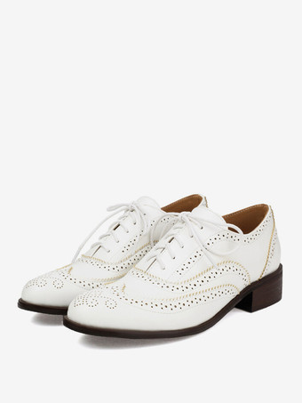 ホワイト レディース ラウンドトゥ パピーヒール PUレザー オックスフォード