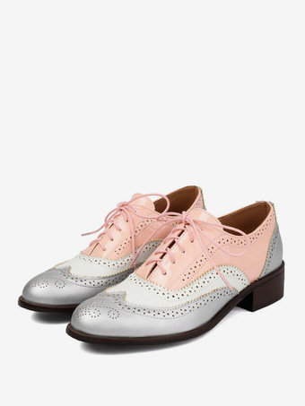 ピンク レディース ラウンドトゥ パピーヒール PUレザー オックスフォード