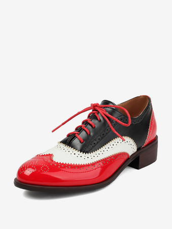 レッド レディース ラウンドトゥ パピーヒール PUレザー オックスフォード