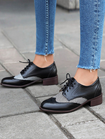 レディース ラウンドトゥ パピーヒール PUレザー オックスフォード