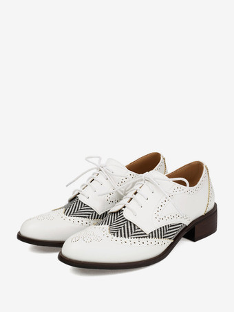 ホワイト レディース ラウンドトゥ パピーヒール PUレザー オックスフォード