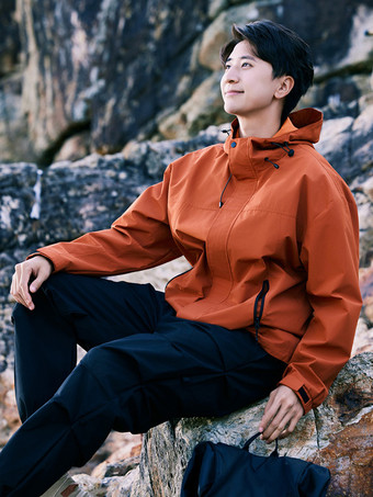 防水ハイキングジャケット フード付き ユニセックス カラーブロック ジップコート